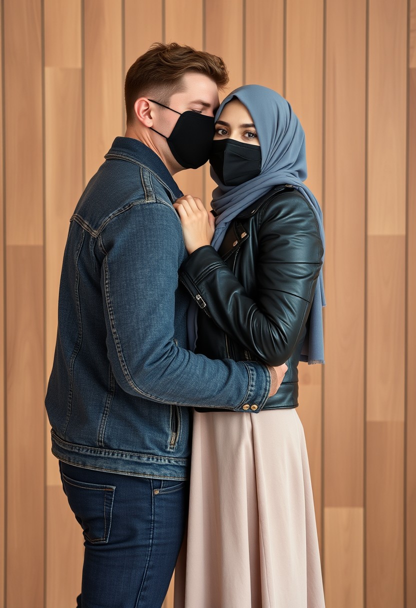 Jamie Dornan's head and body shot, handsome, black face mask, jeans jacket, jeans, dating, loving couple, hugging, with the biggest grey hijab Muslim girl, beautiful eyes, black face mask, black leather jacket, largest skirt, hyper realistic, studio photography, wooden wall. - Image