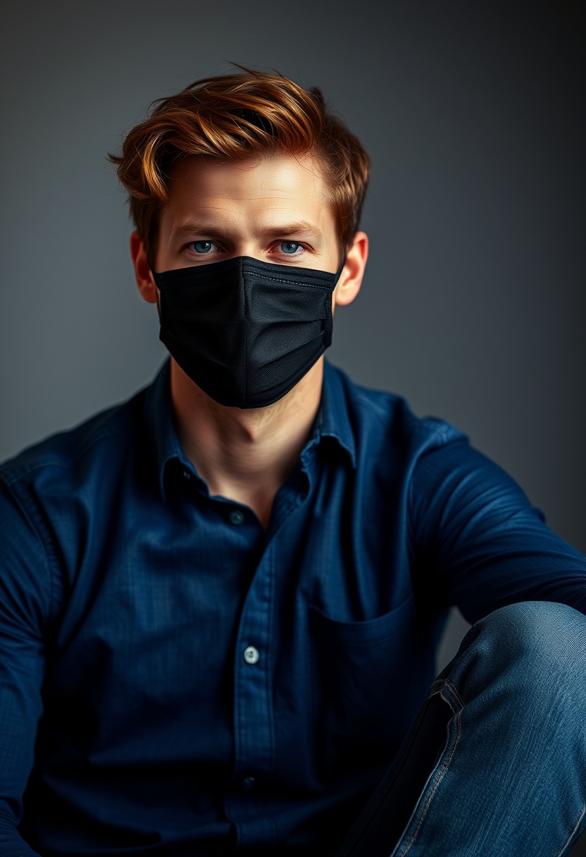 Jamie Dornan head and body shot, handsome, young, face mask black, blue shirt, jeans, sneakers, photorealistic, studio photography.