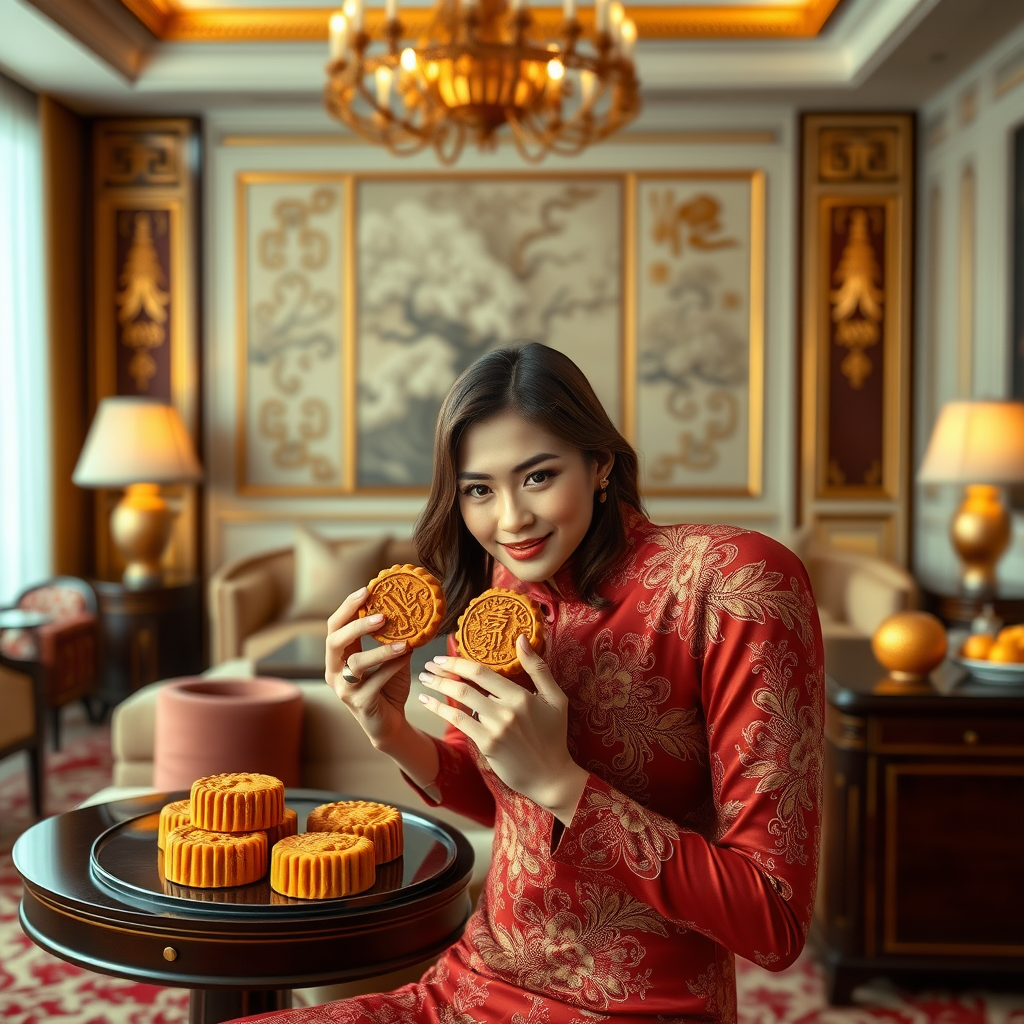 In a luxurious presidential suite, a Chinese model elegantly showcases mooncakes, the traditional delicacies, against a backdrop of opulence, her poised demeanor and the rich cultural heritage of the pastries perfectly captured for a promotional campaign that entices buyers with a blend of modern allure and ancient charm.