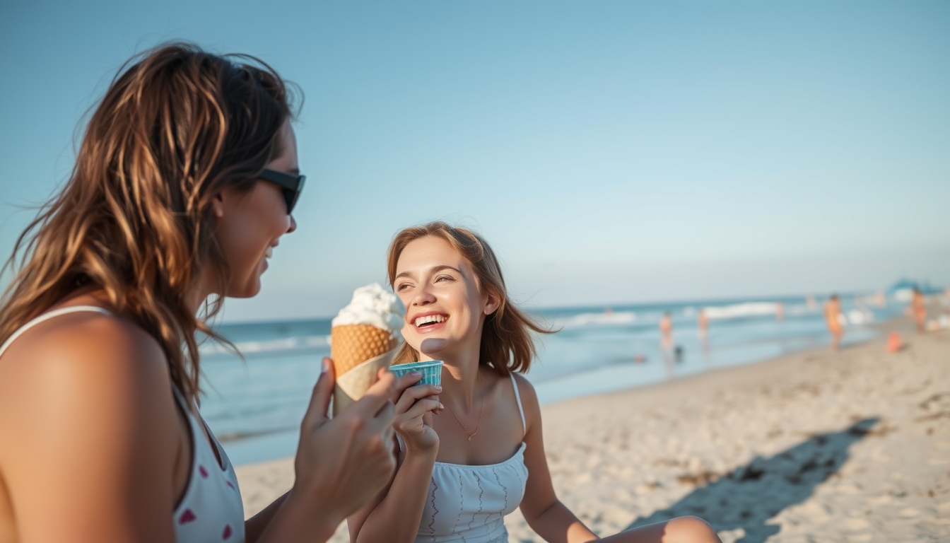 Beachside delight with a young couple and their ice cream.