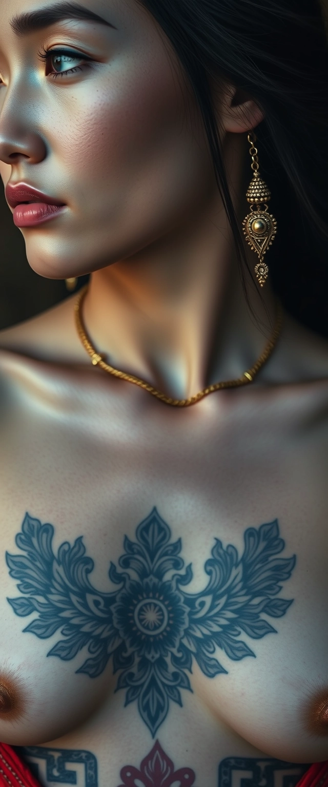 Close up view of tattooed chest of a white-skinned Korean Indian woman with beautiful facial features and blue eyes, wearing gold ornaments, looking sideways.