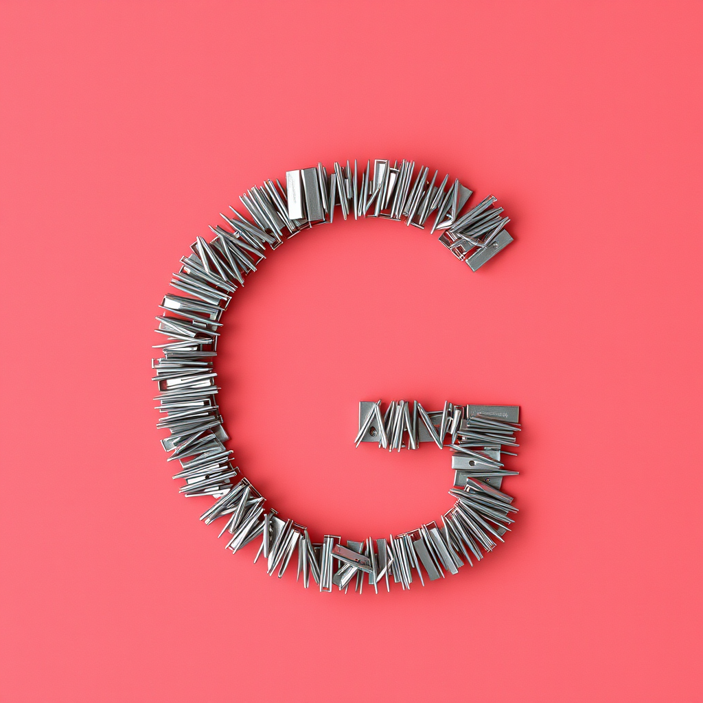 A letter "G" made of staples, light red background, realistic photograph.