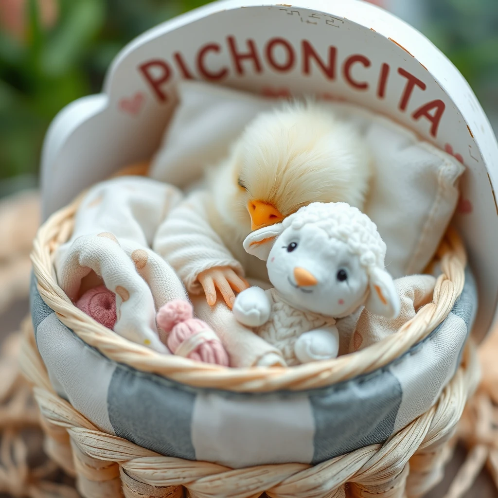 Sweet little delicate bird, cute chick Kawaii with a small round beak, sleeping in its precious little bed with childlike details that has the name PICHONCITA written on it, with patchwork blankets hugging a tiny cute plush sheep.