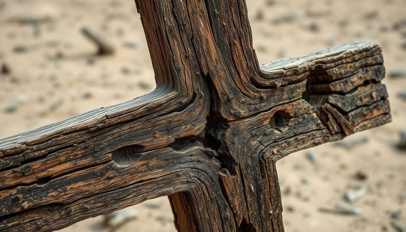 a wet wooden cross that is crumbling with visible signs of bad fungal degradation, wet rot and dry rot. The wood appears to be old and weathered, with a rough texture and deep grooves. The surface of the wood is rough and uneven, with some areas of the bark appearing darker and more jagged. There are several small holes scattered throughout the wood, some of which are larger than others. The cross is standing in a barren desert landscape. The overall feel is depressing and desolation.