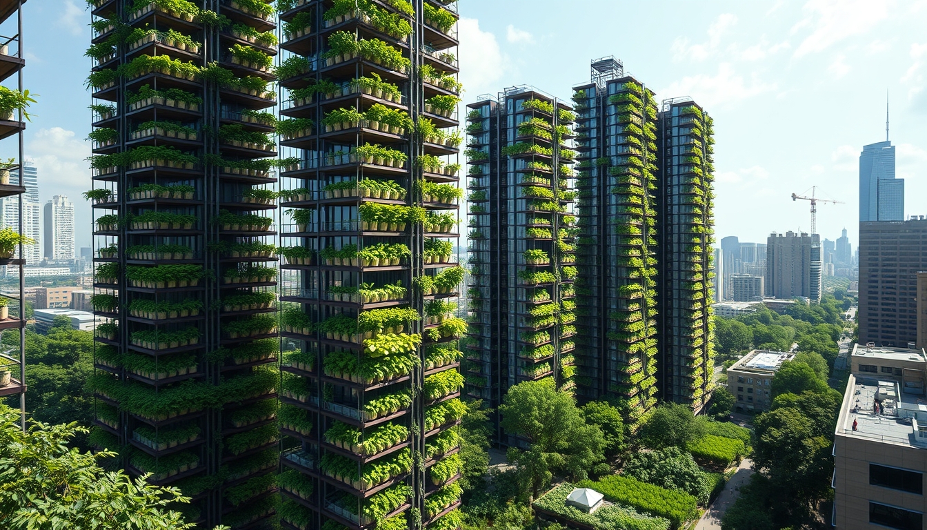 Vertical farming skyscrapers in an urban setting, representing sustainable agriculture.