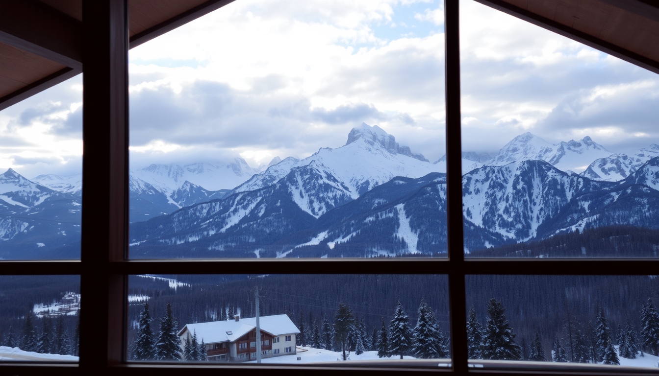 A dramatic mountain landscape viewed through the glass walls of a ski lodge.