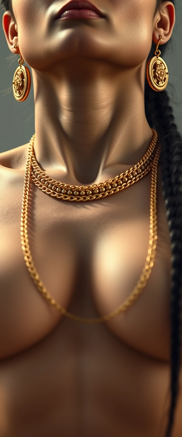 Strict close-up view of the neck of a godly, highly muscular, tall, strictly white-skinned Indian woman wearing gold chains on her waist, breast, and neck, doing a yoga pose. - Image