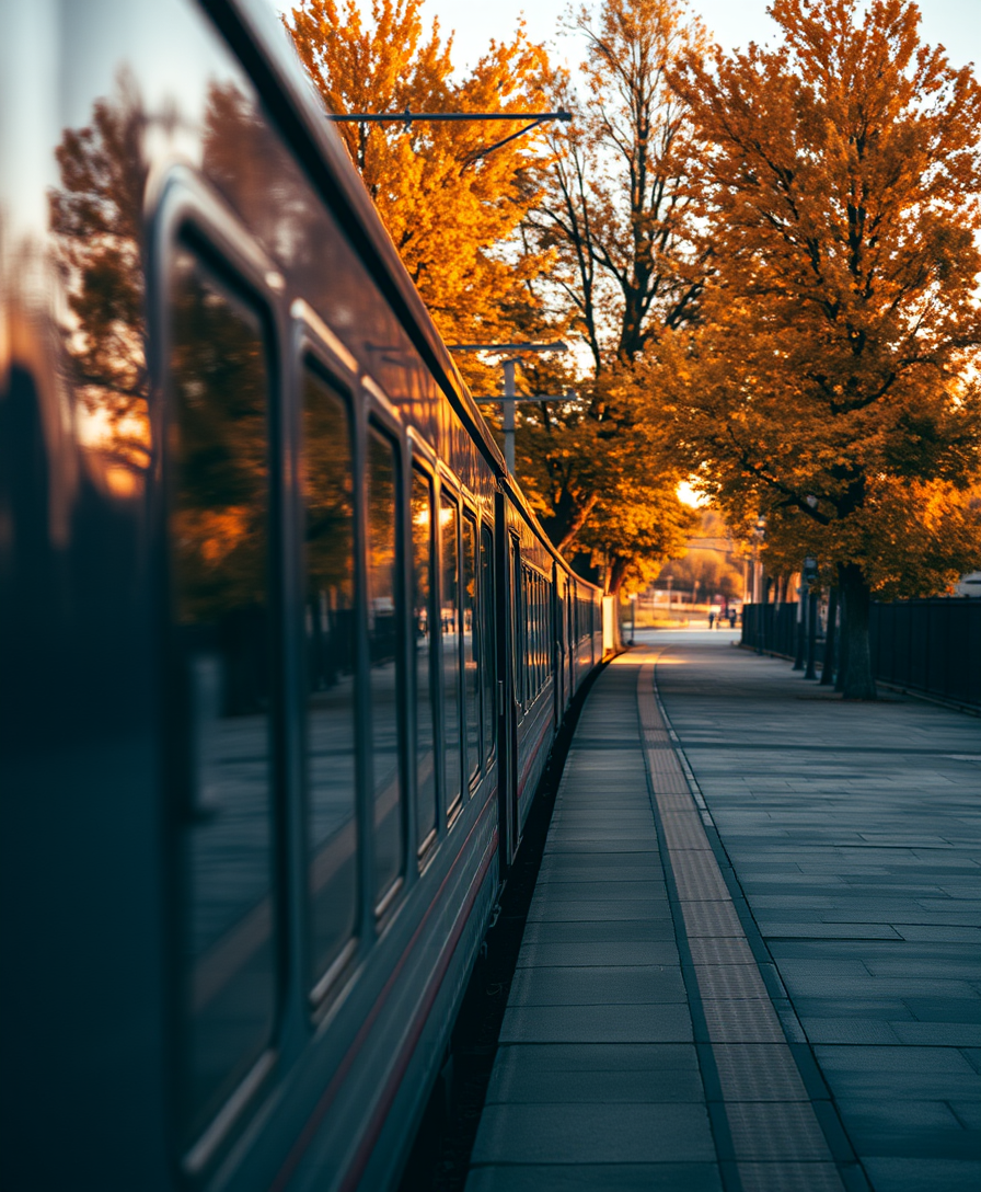 Train standing on the platform, autumn, nostalgia, golden hour - Image