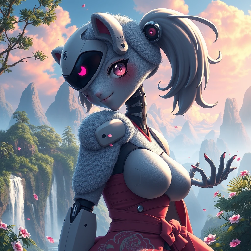 1 girl, android, blush, breasts, colored skin, furry, furry female, grey skin, humanoid robot, joints, large breasts, pink eyes, robot, robot joints, solo, synth (vader-san), score_9, score_8_up, score_7_up, score_6_up, realistic, detailed background, atmospheric lighting, sky islands, waterfall, trees, tropical, blue sky, flower petals BREAK countershading, holding out hand, kimono, looking aside, cinematic_angle.