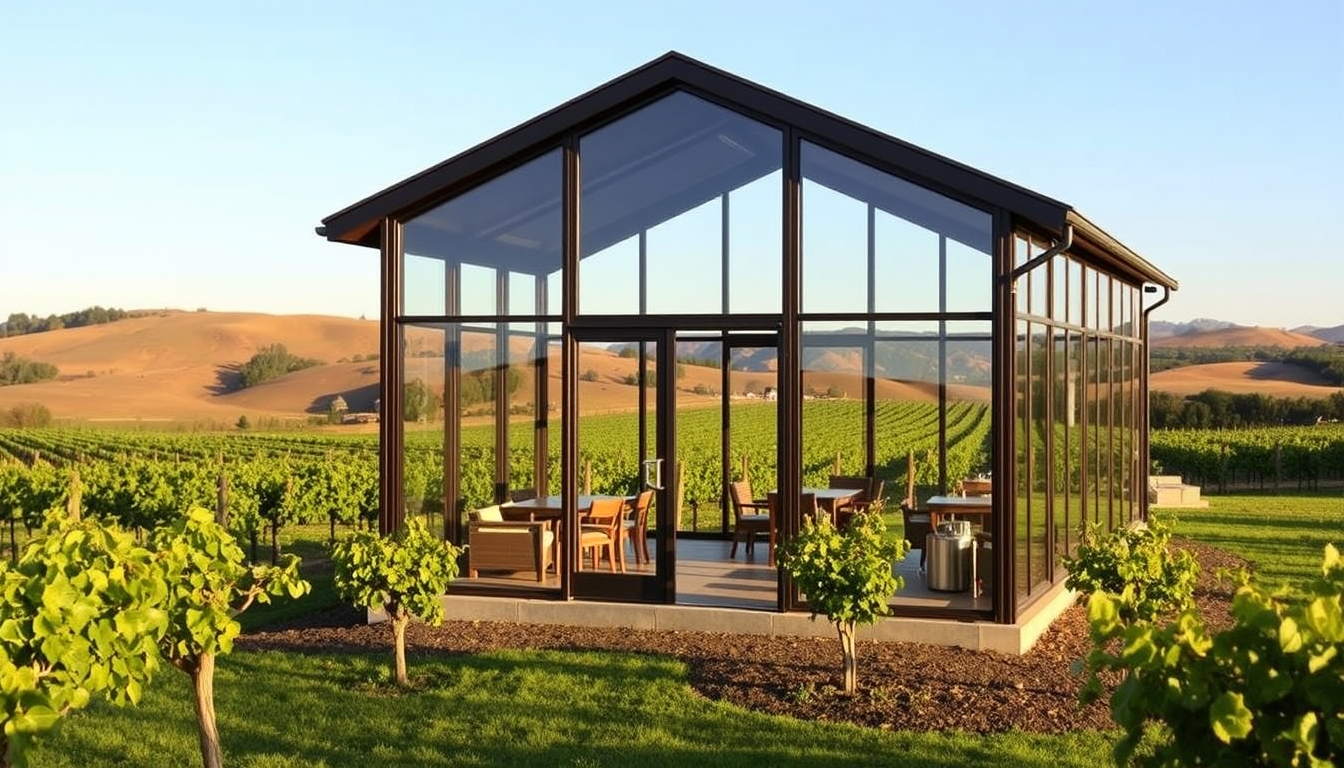 A picturesque vineyard with a glass-walled tasting room overlooking the grapevines.