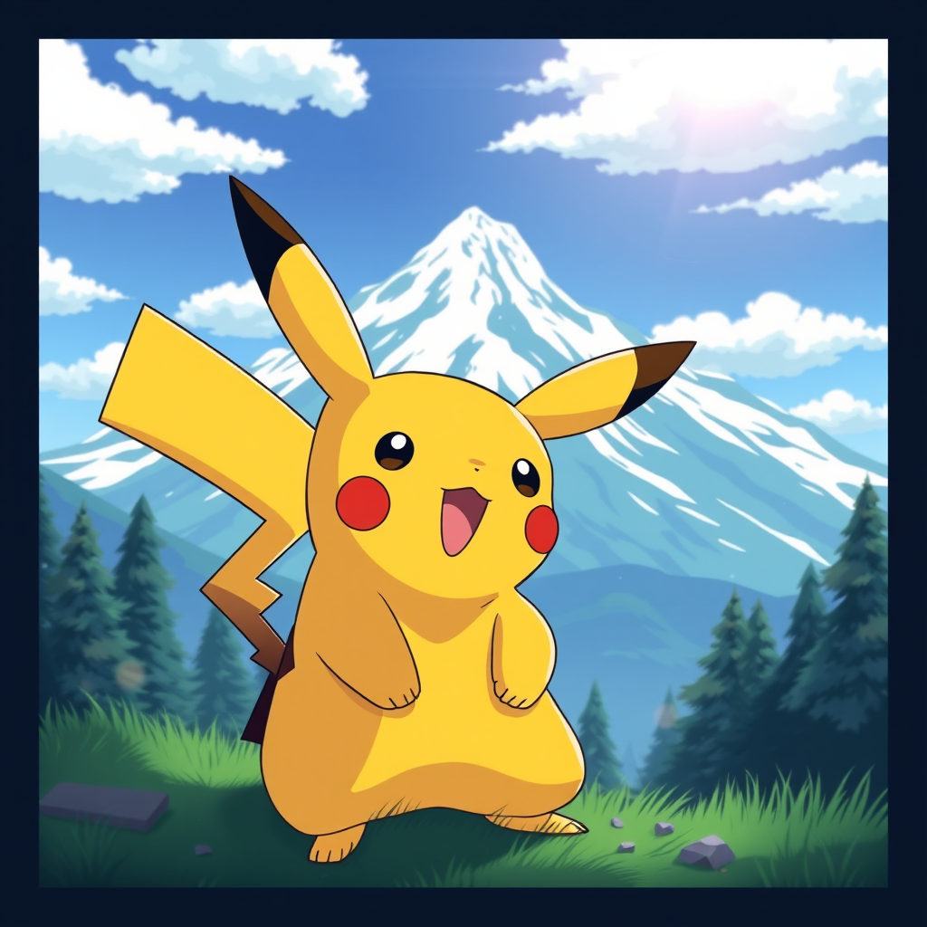 Pokemon anime style, Pikachu smiles when seeing a mountain.