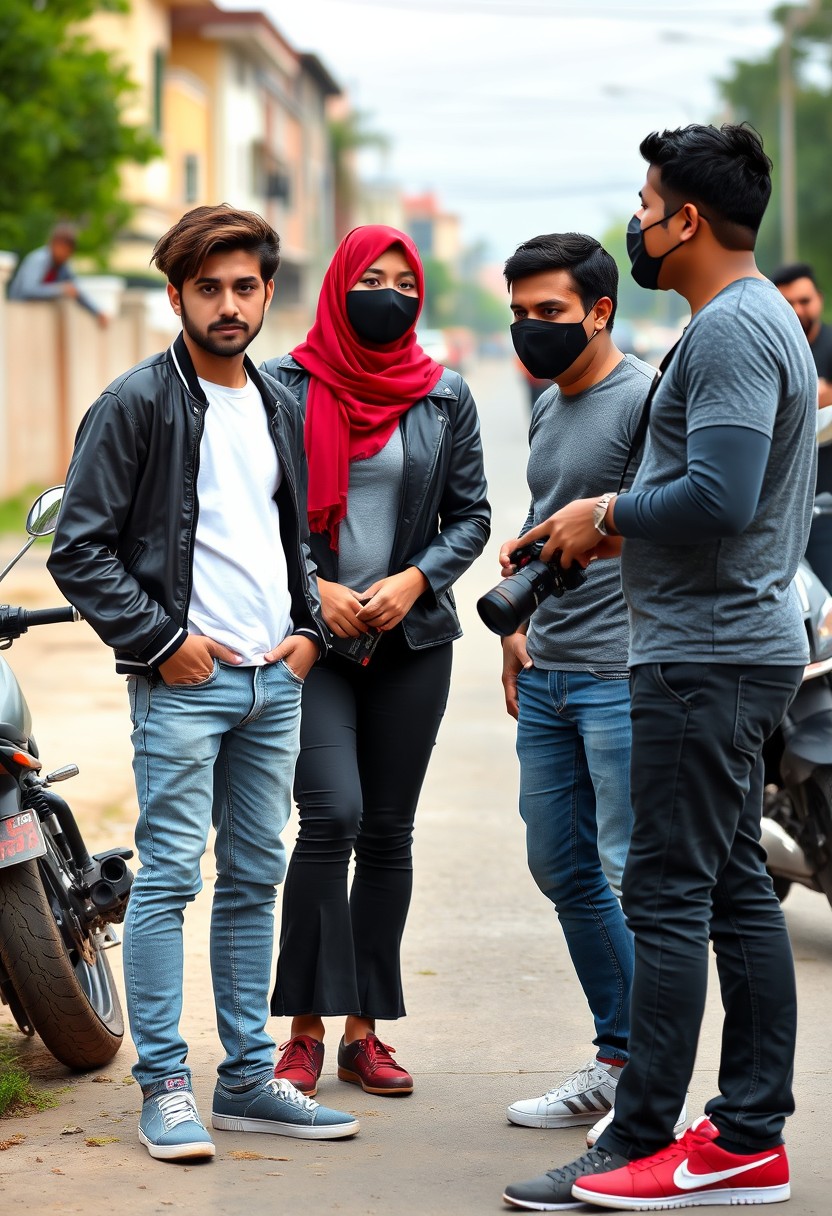 Jamie Dornan and Freddie Prinze, head and body shot, handsome, young, serious face, dark brown hair, white T-shirt, collage jacket, skinny jeans, sneakers, standing, discussing with two guys and a short, slim Muslim girl in a red hijab, beautiful eyes, black face mask, black leather jacket, gray long T-shirt, bell-bottom cutting jeans, red sneakers, holding a Canon DSLR camera, near a town road, superbike, hyper-realistic, street photography, full body photo, with three other random strangers in the back.