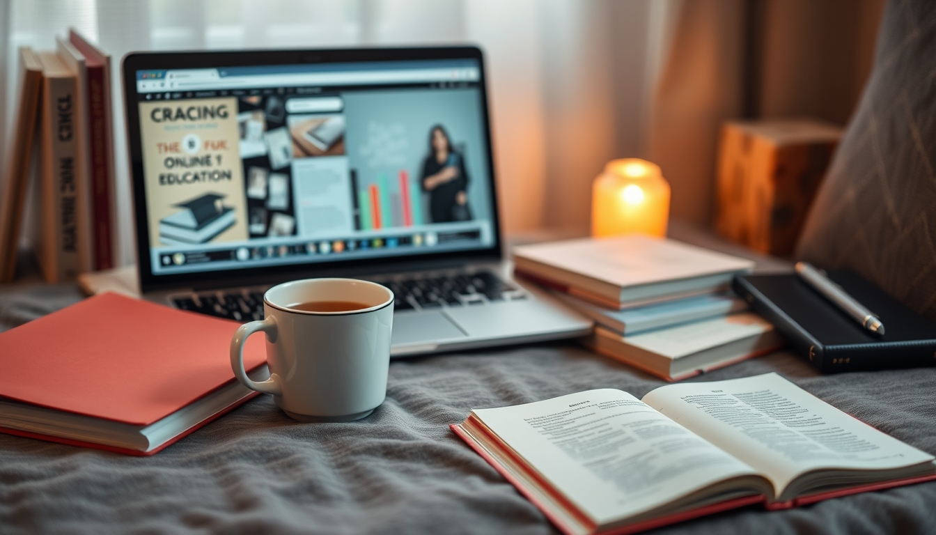 A cozy home study setup with a laptop, textbooks, and a cup of tea, emphasizing the comfort and flexibility of online education.