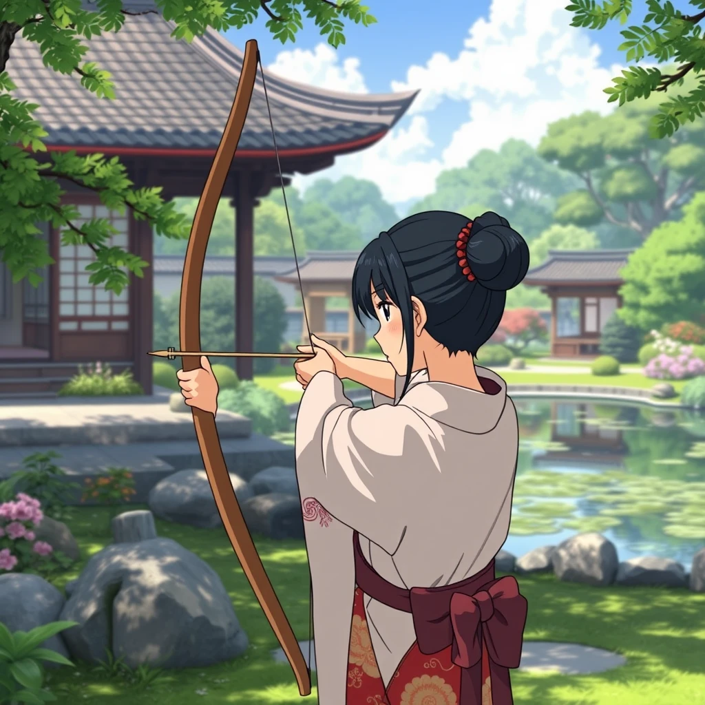 Depict a young woman practicing archery in a traditional Japanese garden. She is wearing a kimono and has her hair tied up. The visual style should resemble that of Studio Ghibli, with detailed backgrounds and vibrant colors, capturing the calm yet focused atmosphere of the scene. The garden is serene, with a pond and a variety of trees and plants. - Image