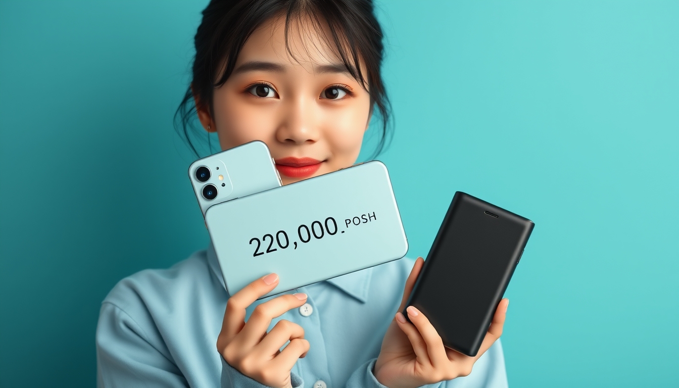 A young Chinese woman wearing light blue is holding an iPhone with the words "20,000_POSH" printed on it in her left hand and a large power bank attached to its back in front of a solid color background. The overall style features soft lighting, high-definition photography, and is captured in the style of Hasselblad cameras from different angles. It showcases exquisite details, studio portraits, and a sense of luxury.