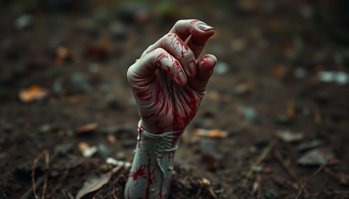 Close up of a zombie witch hand rising from the ground clutching the air.