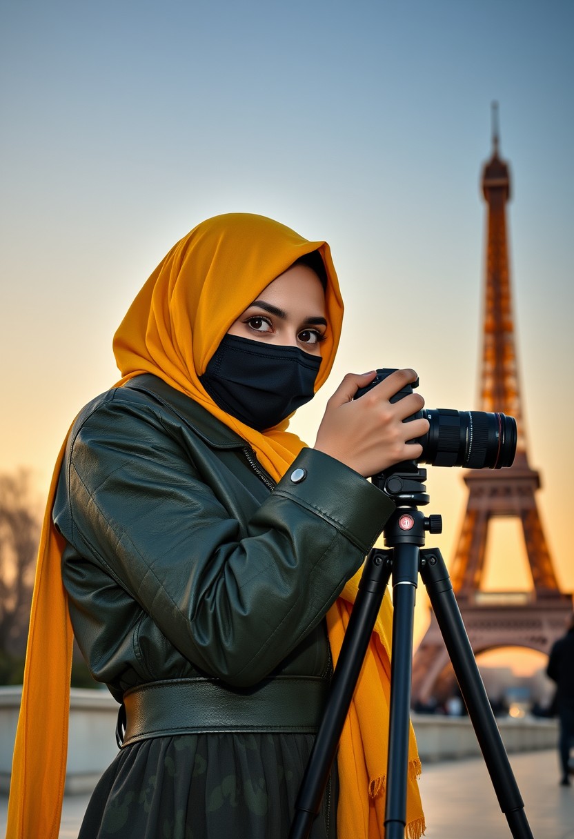 Biggest hijab yellow Muslim girl, beautiful eyes, face mask black, green army leather jacket pattern, biggest skirt, camera dslr canon, tripod, taking photos of Eiffel Tower, sunrise, morning scenery, hyper realistic, street photography. - Image