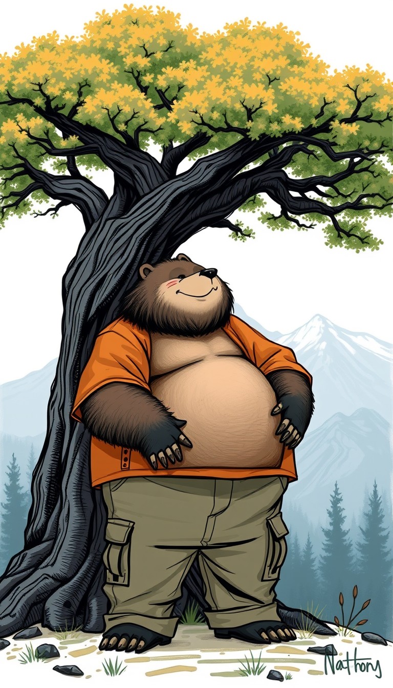 Rough sketch, anthropomorphic obese bear, comfortably standing by the base of a magical tree. Wearing a pair of well-worn cargo pants and a cozy orange jacket. Expression of quiet contemplation, with a gentle smile. Face and body looking at a beautiful majestic landscape. Thick fat neck tufts, multiple fat folds, sharp, very detailed, high resolution. - Image