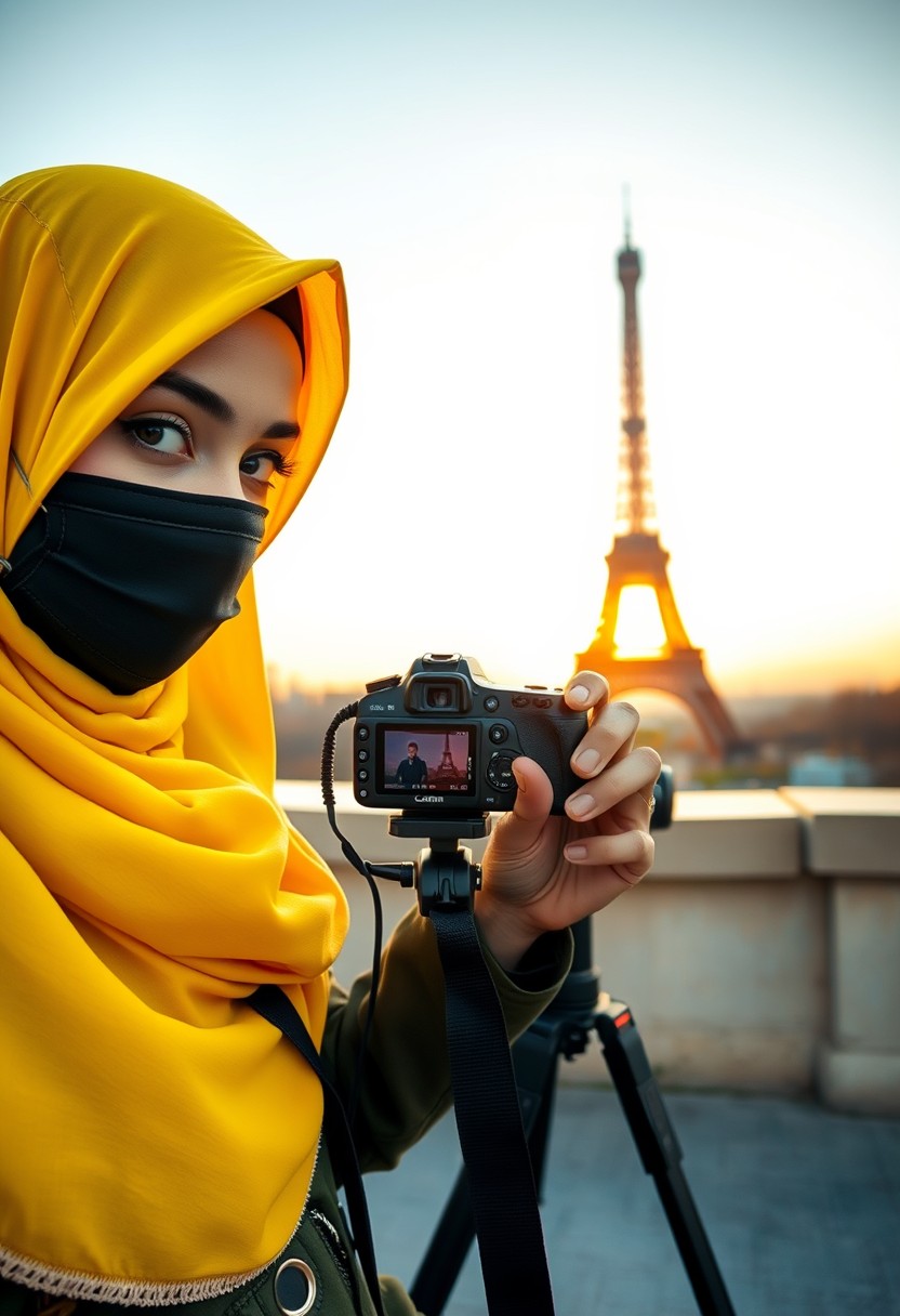 Biggest hijab yellow Muslim girl, beautiful eyes, face mask black, green army leather jacket pattern, biggest skirt, camera dslr canon, tripod, taking photos of Eiffel Tower, sunrise, morning scenery, hyper-realistic, street photography. - Image