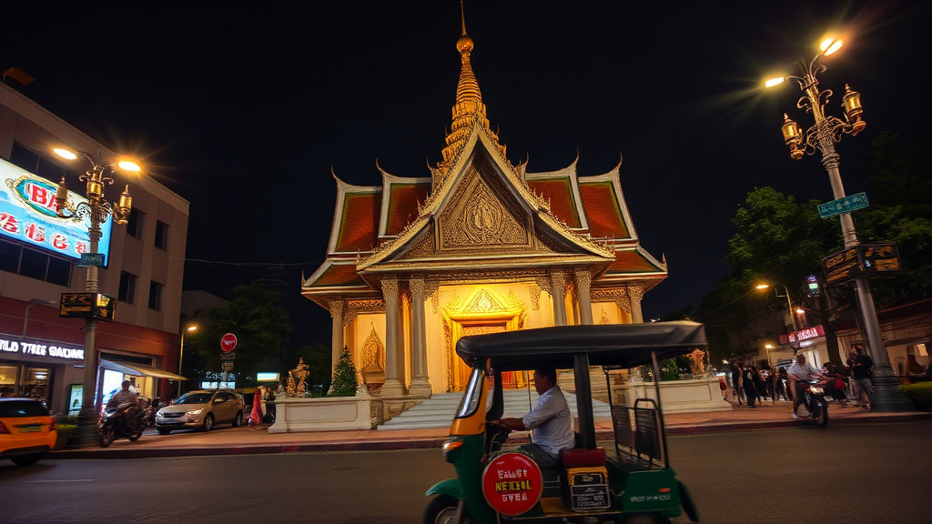 a tuk-tuk in front of a temple at night, by Sam Havadtoy, flickr contest winner, bangkok townsquare, thailand, bangkok, thai, thai temple, in the evening