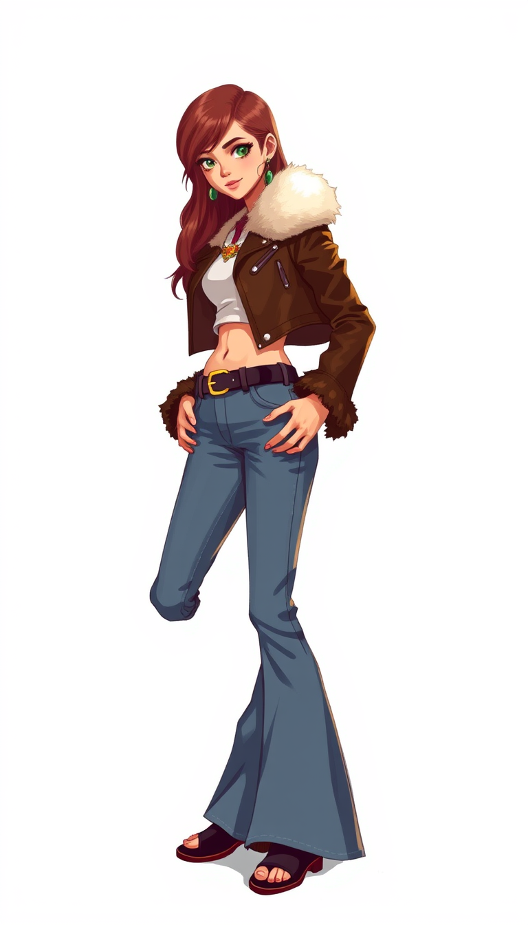 Exaggerated Pixel Art, white background, young hippie woman, standing sideways, slim body, green eyes, dressed in bell bottoms jeans, belt, golden buckle, navel, crop fitted leather jacket, fur collar and cuffs, open toe boots, earrings. - Image