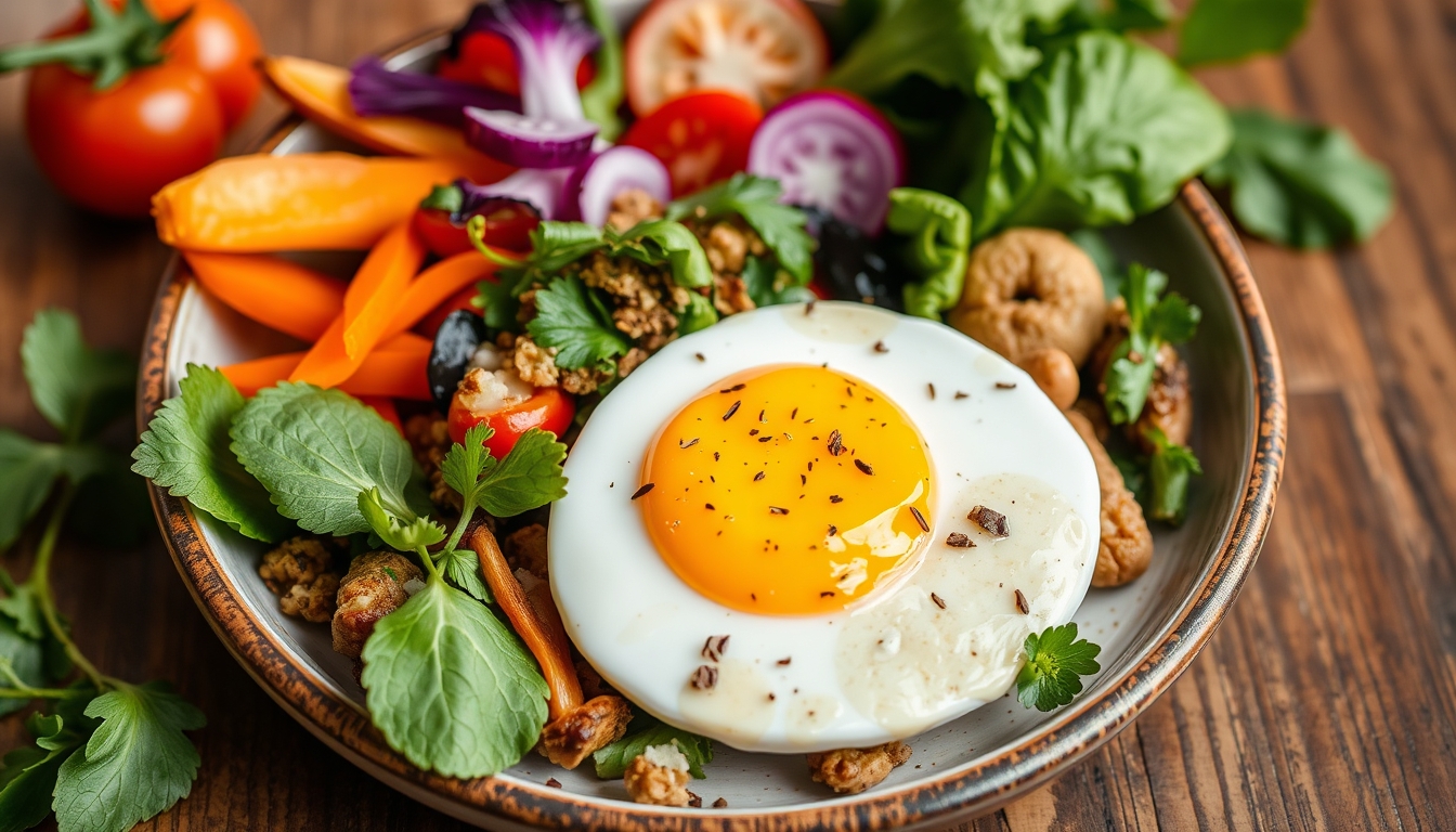 A beautifully composed shot of a healthy, plant-based meal, with vibrant colors and fresh ingredients arranged on a ceramic plate. - Image