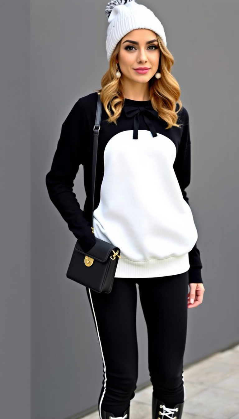 Casual Tuxedo Penguin-inspired Outfit,
Top, Black and white color-blocked sweater, with a white front panel resembling a penguin’s belly and a black back and sleeves,
Bottoms, High-waisted black skinny jeans with white piping down the sides,
Details, A small black bow tie at the collar for a playful tuxedo touch,
BREAK
Accessories, White beanie with black pom-pom, black crossbody bag with white accents, and black and white penguin-themed earrings,
Footwear, Black ankle boots with white laces,
Hair and Makeup, Loose waves for a relaxed vibe, natural makeup with a pop of coral on the lips, and a hint of highlighter on the cheeks,
BREAK