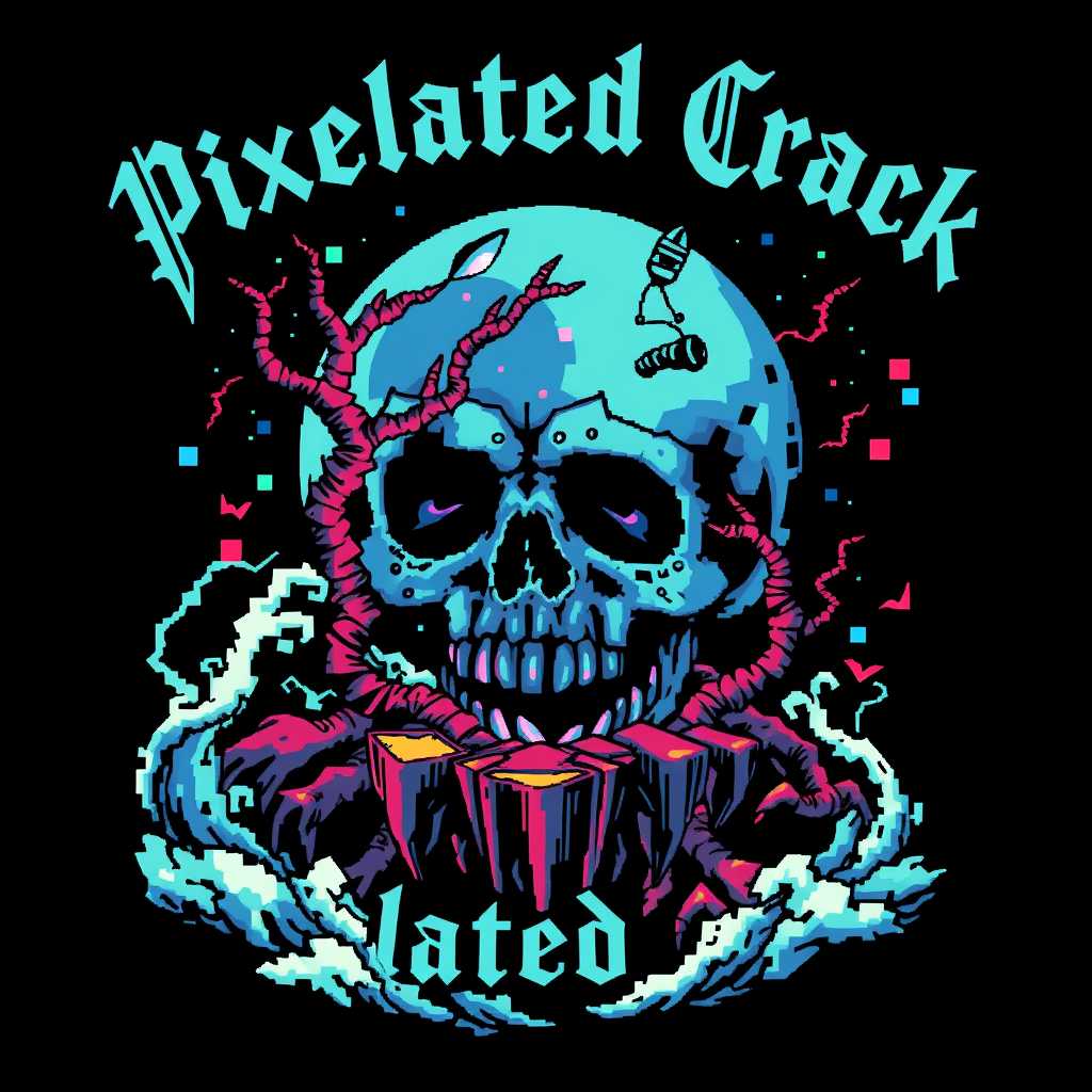 T-shirt design featuring a blocky, colorful 8-bit style of death metal blended with chiptune. The visual should be unique and striking, yet macabre, intertwined with beauty, and the band name is "Pixelated Crack," inspired by a deep-sea scene.