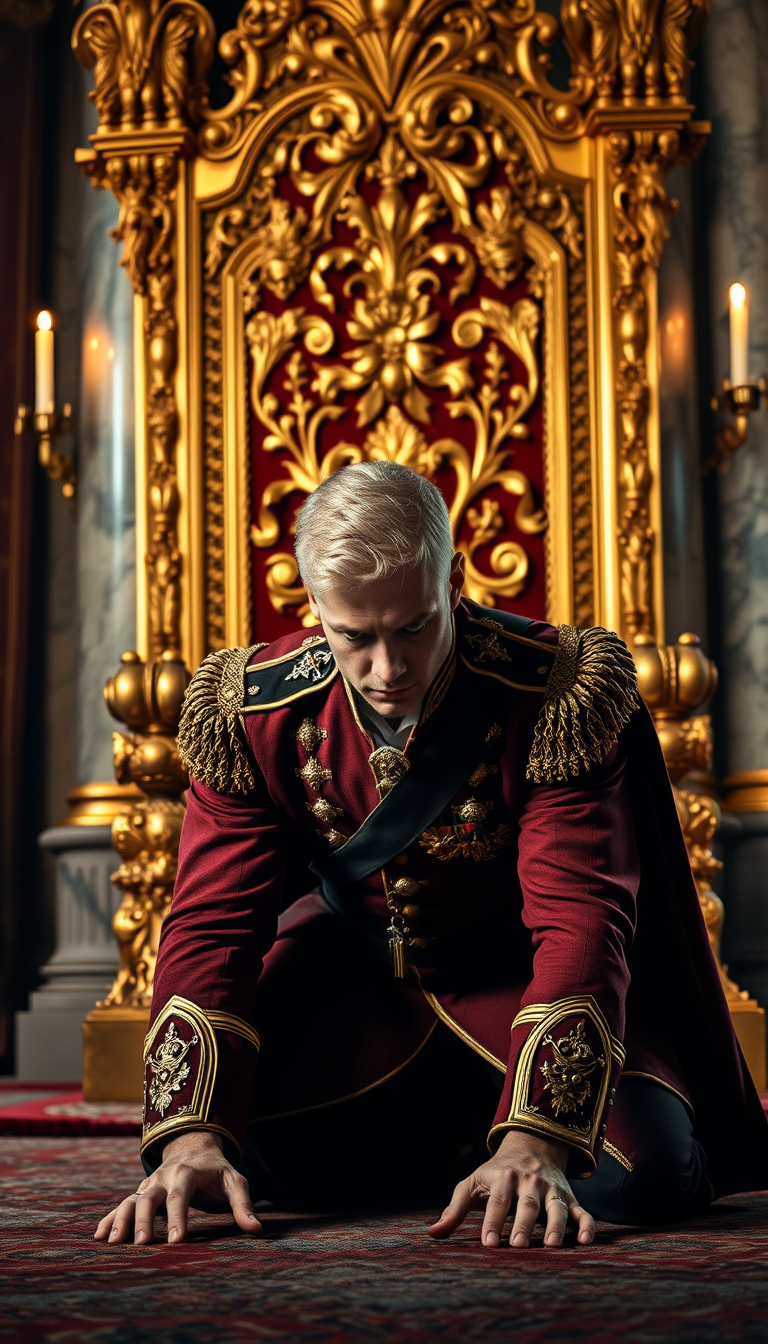 Main Character: A handsome and muscular blond British King with piercing blue eyes, dressed in a meticulously detailed British royal military uniform, is positioned on all fours, his head bowed low to the ground, trembling slightly. His posture conveys a sense of defeat and desperation.

Background: A colossal golden throne, intricately carved with ornate details and shimmering under the soft glow of candlelight, dominates the scene. The throne room is vast and opulent, with towering marble pillars and rich tapestries adorning the walls. A sense of history and power permeates the atmosphere.

Visual Style: The scene should be captured in a professional, cinematic style, reminiscent of historical dramas like "The King's Speech" or "The Crown." The lighting should be dramatic and moody, casting long shadows that emphasize the King's vulnerability and the imposing presence of the throne. The color palette should be rich and regal, with deep reds, golds, and blues dominating the scene. The overall composition should create a sense of tension and drama, highlighting the King's internal struggle and the weight of his responsibilities. The image should be sharp and detailed, showcasing the textures of the King's uniform, the intricate carvings on the throne, and the opulent surroundings.