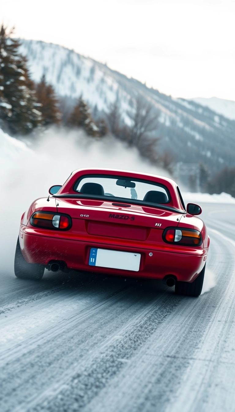 Create an image of a red 1991 Mazda MX-5 drifting on a snowy mountain road. Remove the number plate of the car.