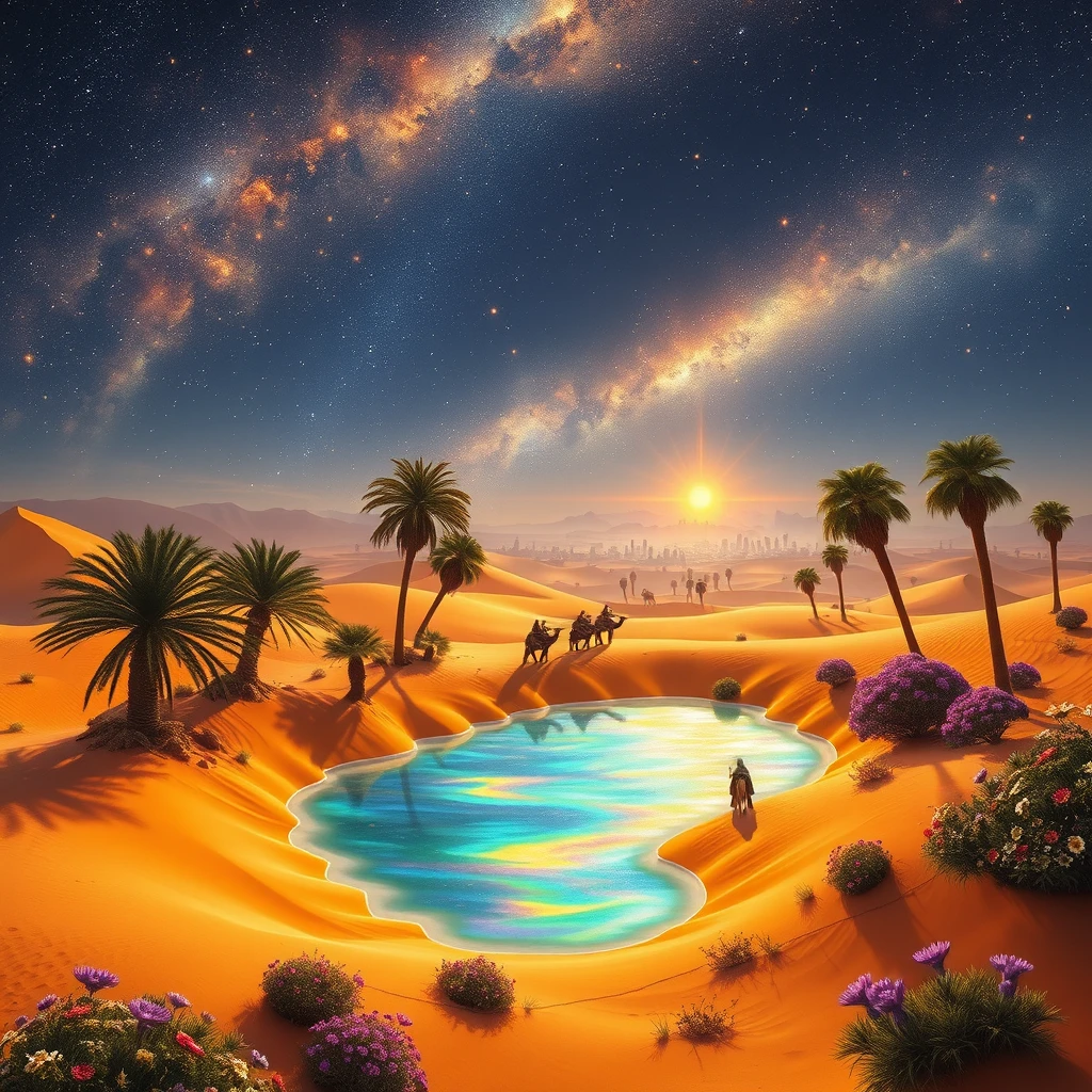 Envision a mystical desert oasis surrounded by golden sand dunes, where an iridescent lake reflects the stars above. Palm trees sway gently in the warm breeze, and vibrant flowers bloom in unexpected colors. In the distance, a caravan of travelers rides on the backs of majestic sand creatures, while shimmering mirages create illusions of distant cities. The atmosphere is enchanting, filled with the promise of adventure and the allure of the unknown. - Image