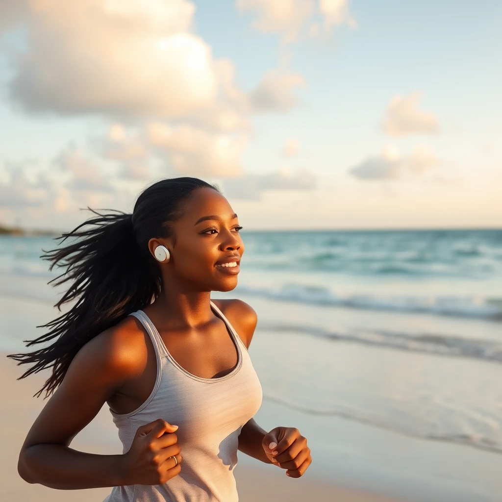 A young black woman jogging on a beach in the Bahamas listening to a podcast on her AirPods Pro. - Image