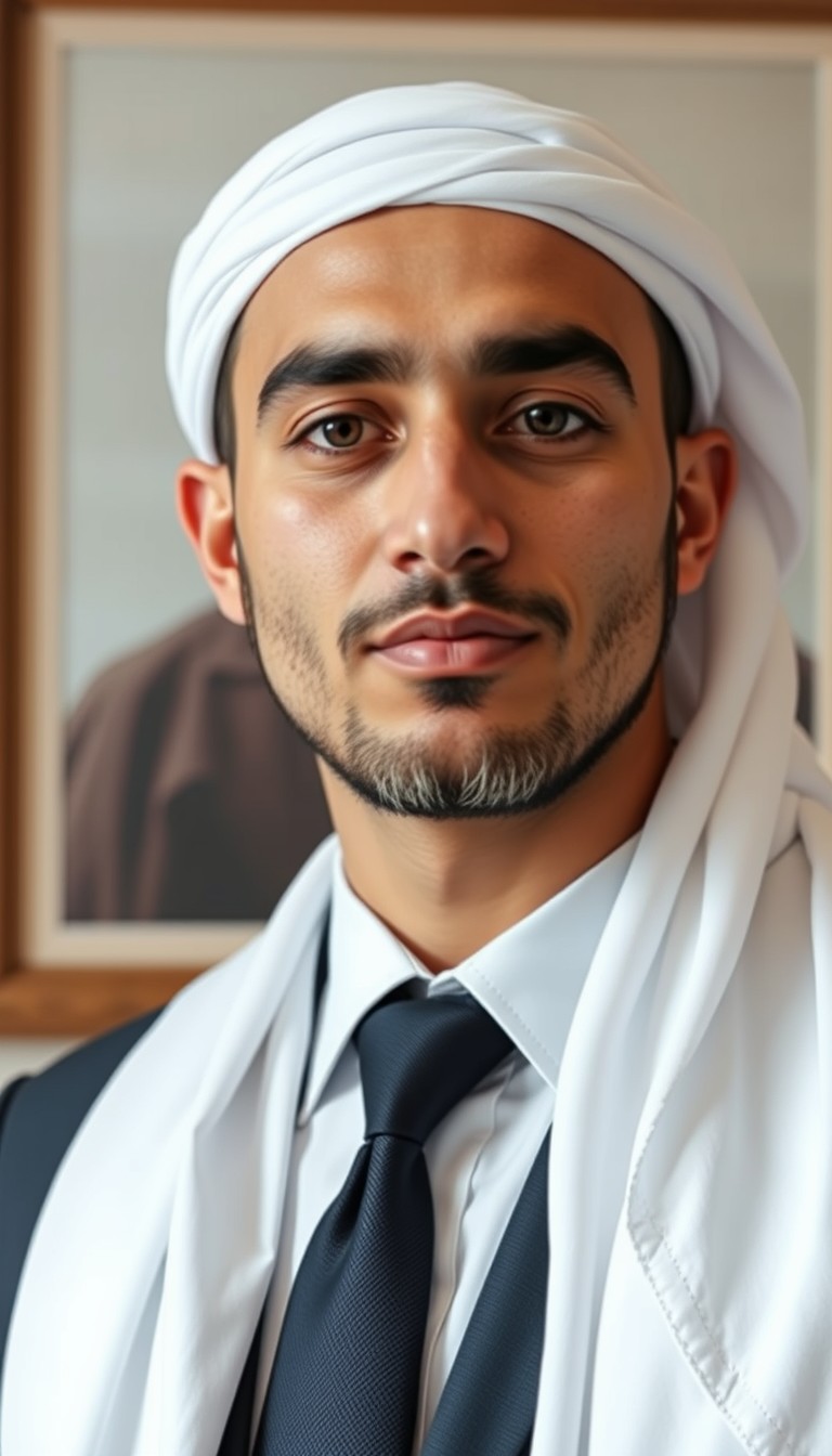 A young Muslim man in a suit and white headscarf in front of a picture, Pexels contest winner, Muslim, Ismail, Silvain Sarrailh, professional profile picture, Arab man with a light beard, Sheikh. - Image