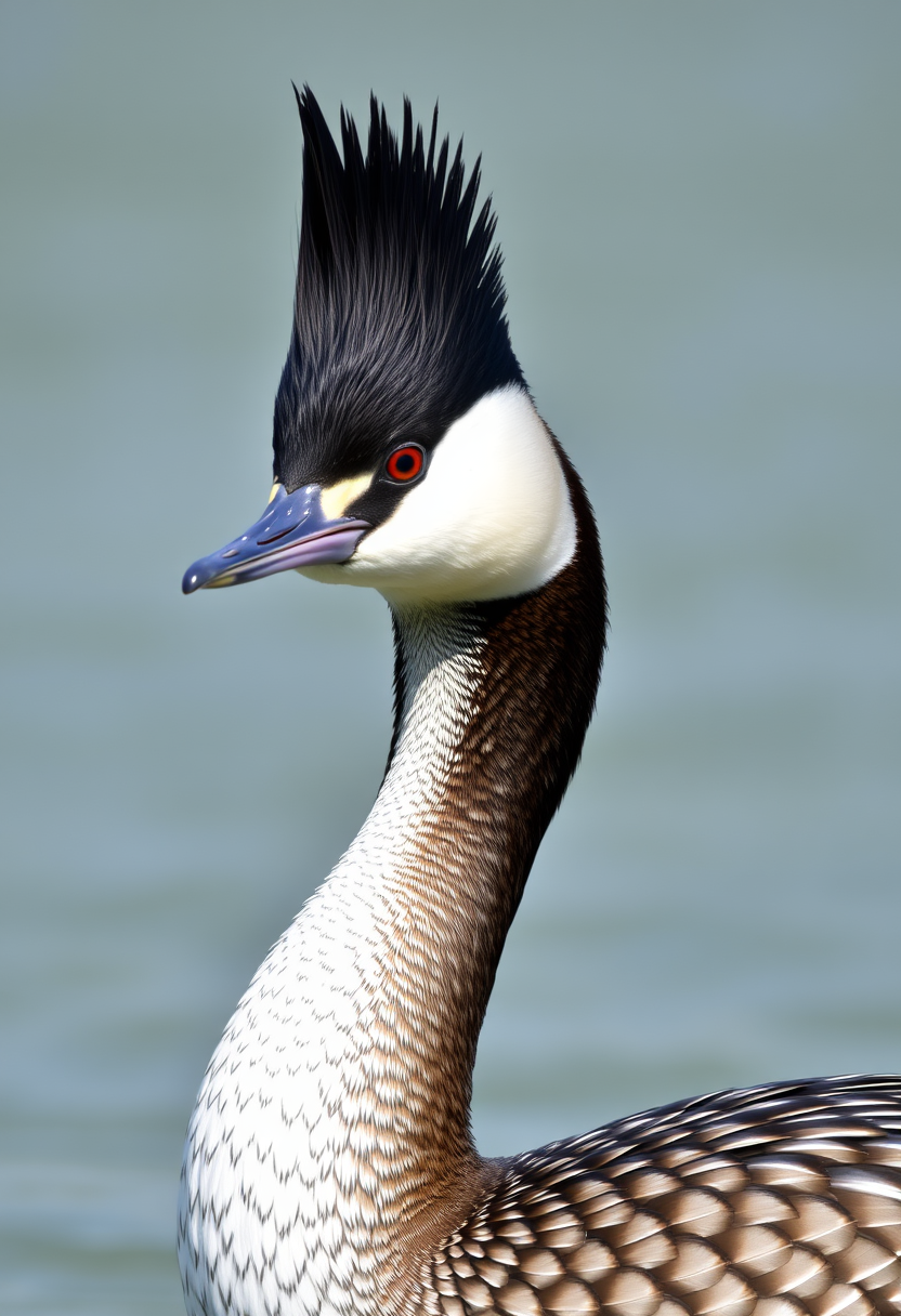 A great crested grebe (A Podiceps cristatus bird). The crest feathers are black. The image shows the complete body of the bird.