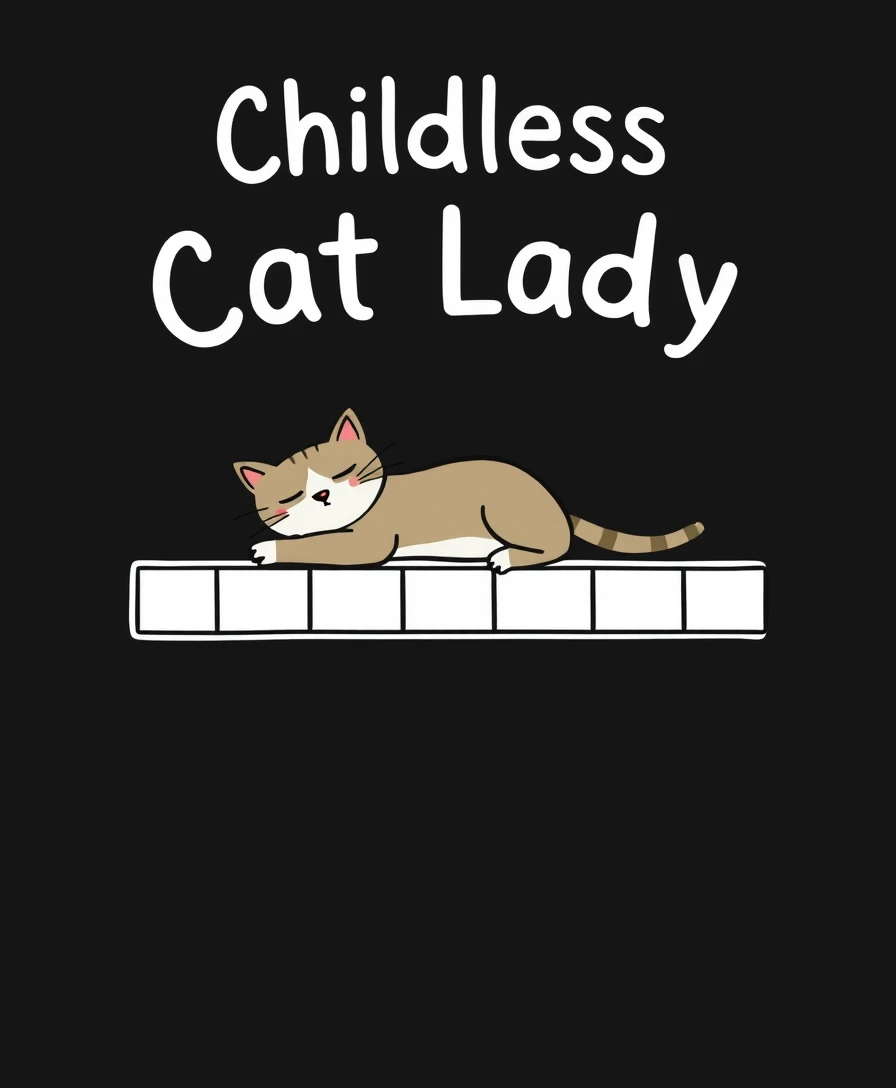 A quirky and fun cartoon illustration featuring a cat resting comfortably on a five-segment loading bar. The cat, with his eyes closed and his arms outstretched, appears to be enjoying a moment of relaxation. The first segment of the loading bar is colored white, signifying the beginning of the energy loading process. Above the cat and the bar, white text on a black background reads, “Childless Cat Lady.” The interesting combination of the cat’s slow demeanor and the familiar concept of a loading bar creates a charming and playful image that is both engaging and soothing., typography, illustration.