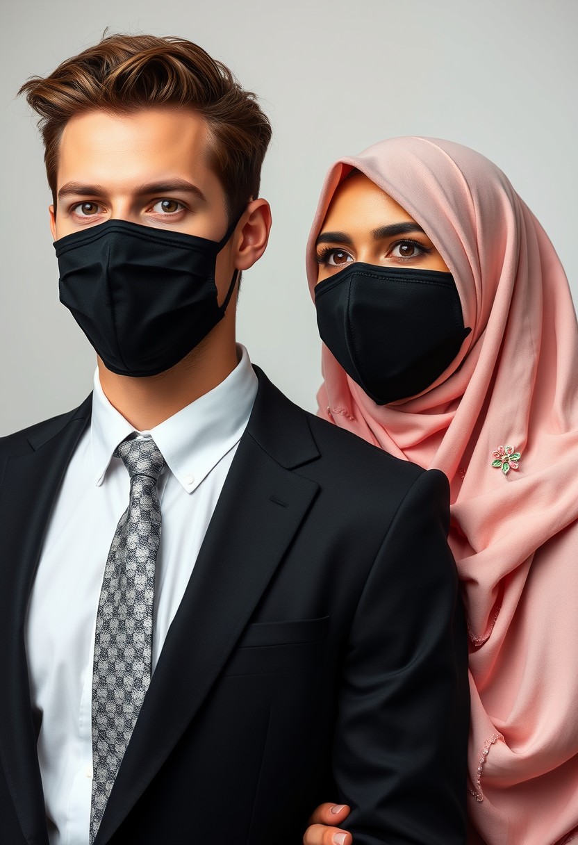 Jamie Dornan's head and body shot, handsome, young, black face mask, white shirt half-buttoned, grey patterned tie, black suit coat, dating love with the biggest soft pink hijab girl, beautiful eyes, black face mask, biggest floral jubba, hyper-realistic, studio photography. - Image