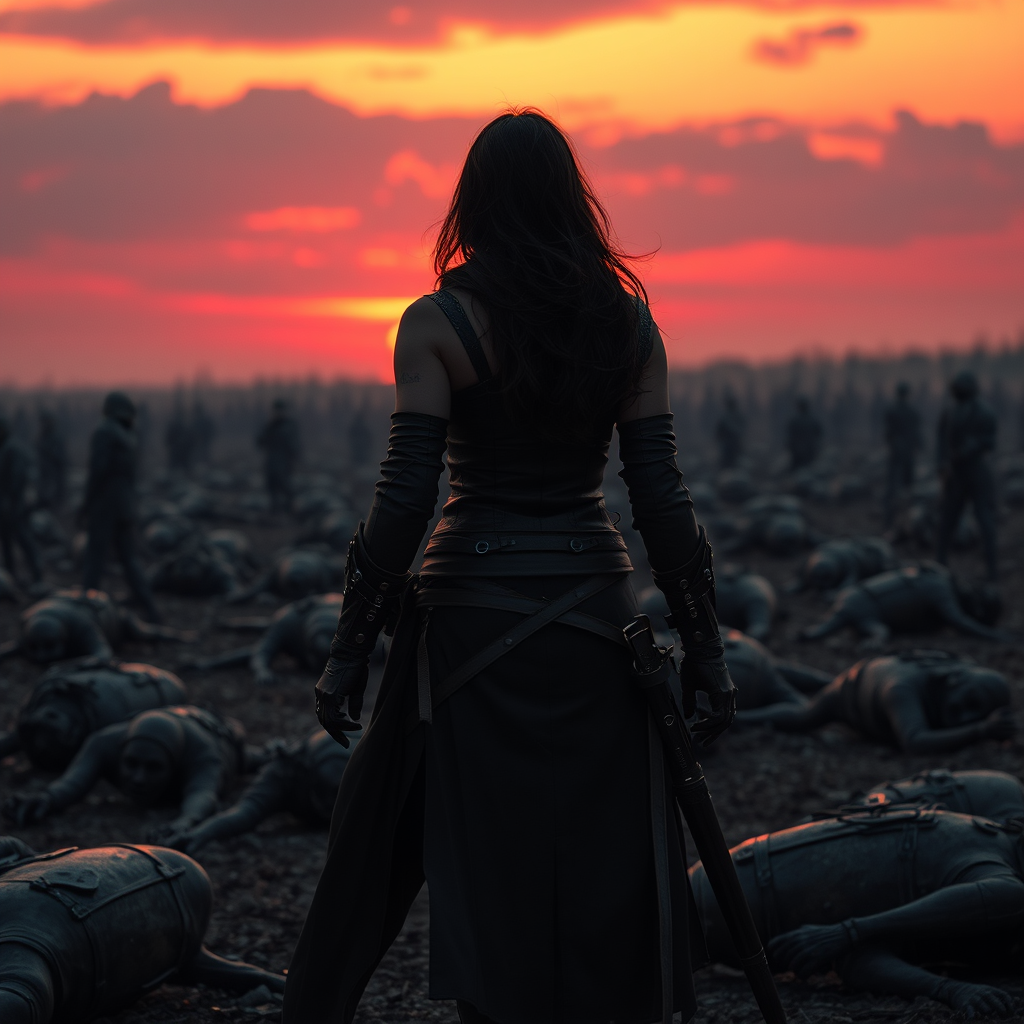 Back view of an assassin woman on a battlefield covered by corpses. The sky is colored by a red sunset.