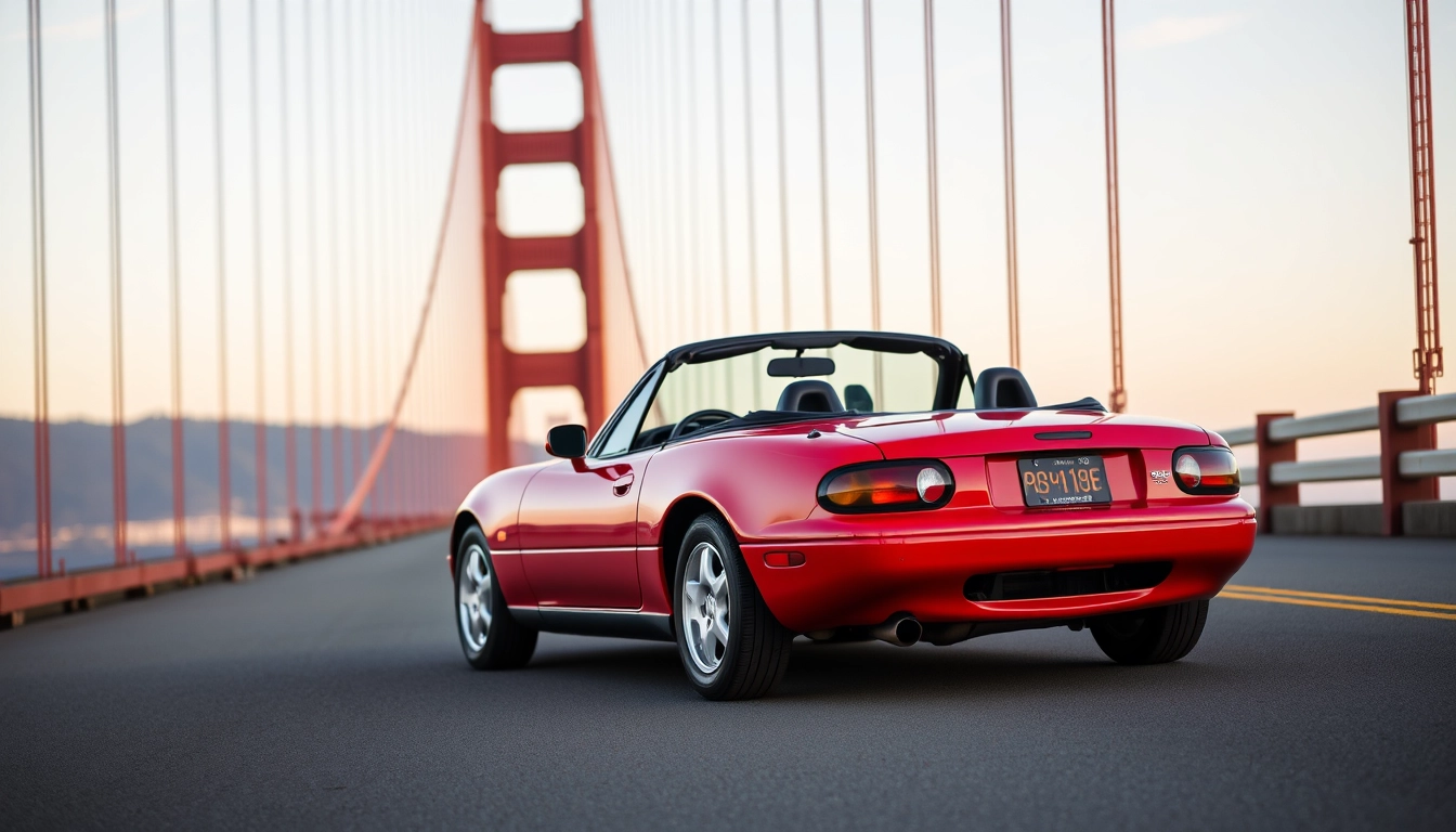 Red 1991 Mazda Mx5 on the Golden Gate Bridge. - Image