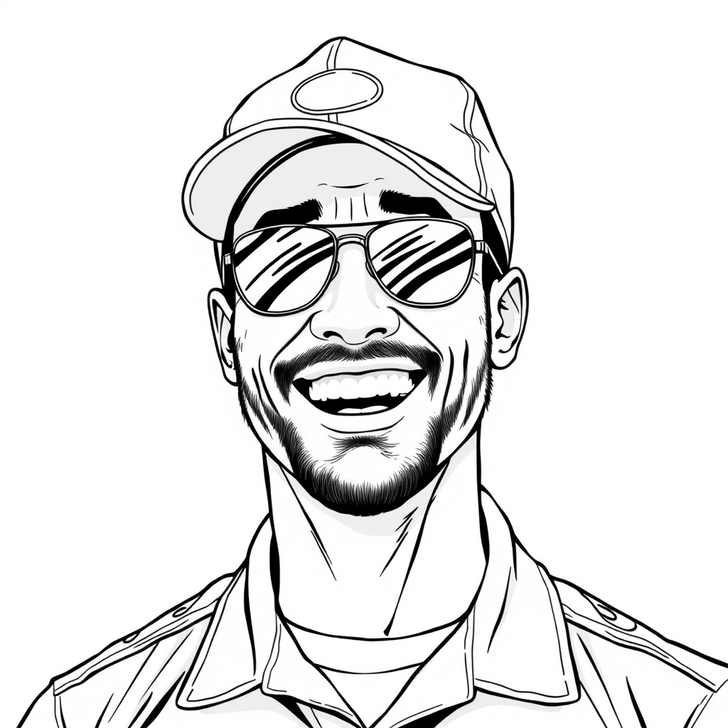 A cool black-and-white line drawing of a 35-year-old man’s head, wearing a baseball cap, Asian, with aviator sunglasses, a bit of stubble, a tough guy, in military uniform, with a full face and defined features, a strong physique, clean and refreshing skin, laughing heartily after winning. - Image