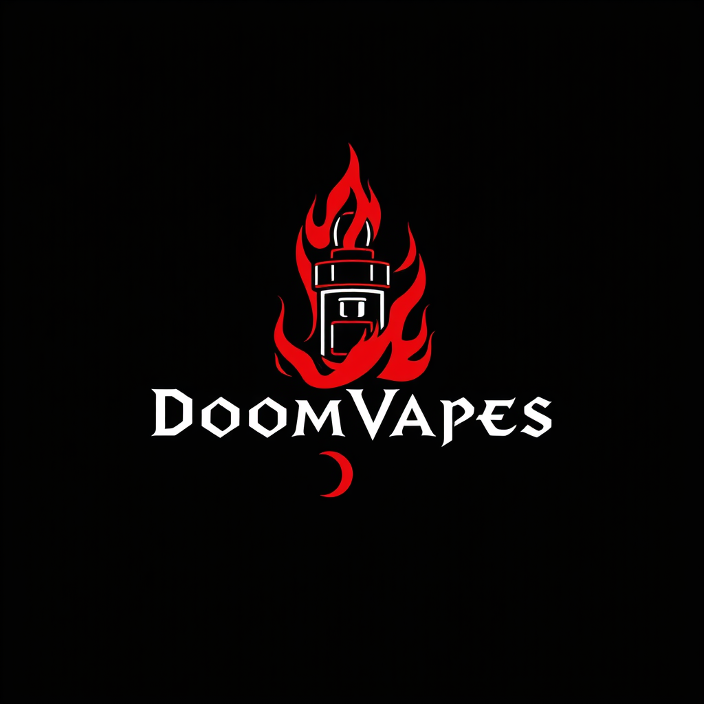 Sleek, minimalist logo for DoomVapes featuring a stylized vape tank engulfed in ethereal, crimson flames. Infernal typography with sharp, angular serifs. Monochromatic color scheme: deep black and blood red. Balanced composition with negative space suggesting smoke tendrils. Evokes a sense of rebellious, edgy sophistication.