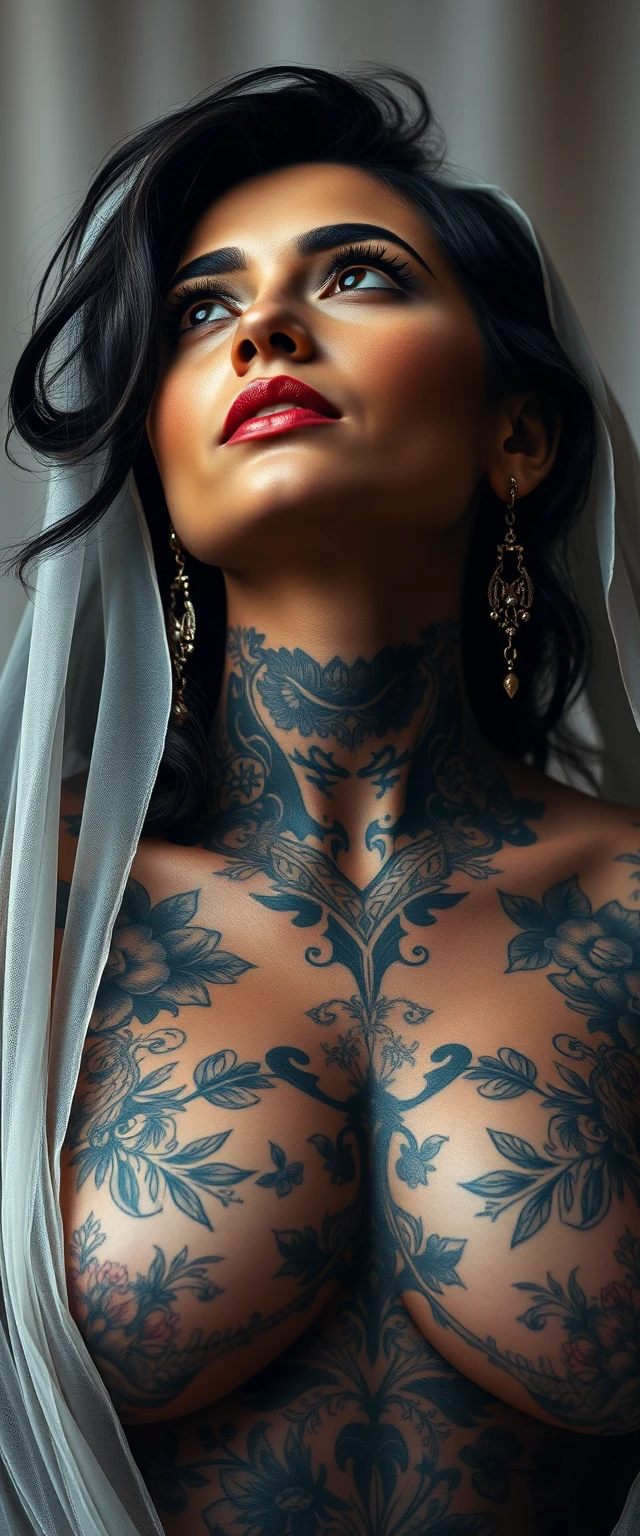 A portrait of a woman with an upward gaze, showcasing intricate tattoos covering her chest and neck. She has dark, flowing hair adorned with a light veil and wears elegant earrings. The lighting highlights her skin tones and facial features, creating a striking contrast with the tattoos, which include detailed floral and mythical designs. The background is softly blurred, emphasizing her presence. - Image