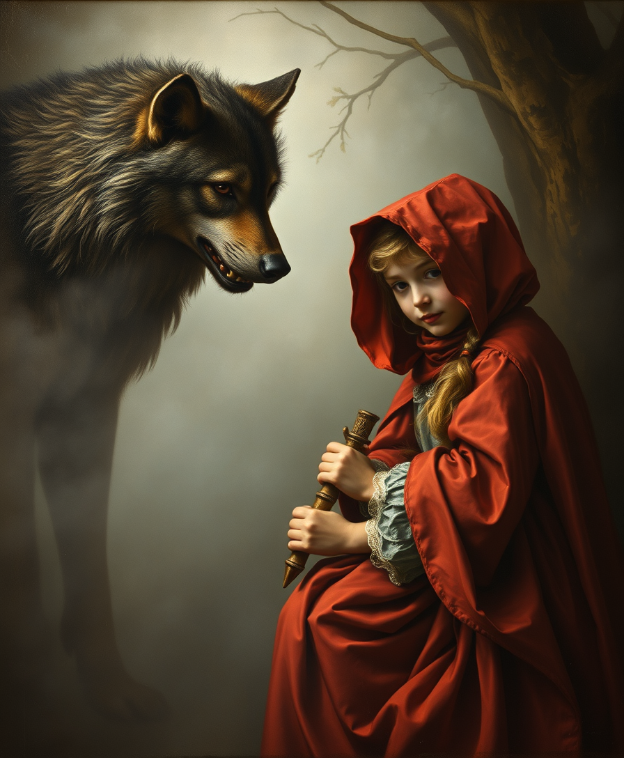 Little Red Riding Hood and the Wolf, In the style of Rembrandt's paintings, Old Baroque style, Fine details sharpened, Image behind light fog, Visible brush strokes, Neoclassical - Image