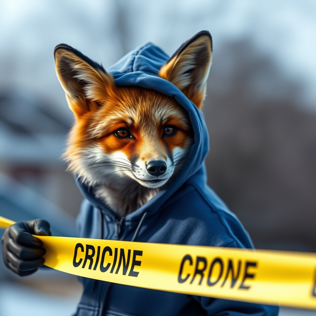 A fox in a blue hoodie securing a crime scene with caution tape.