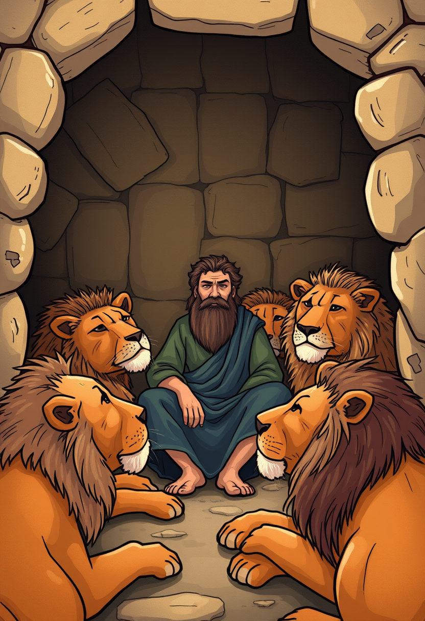 Illustrate Daniel in the lion's den, calmly surrounded by lions, with a sense of peace and divine protection. - Image