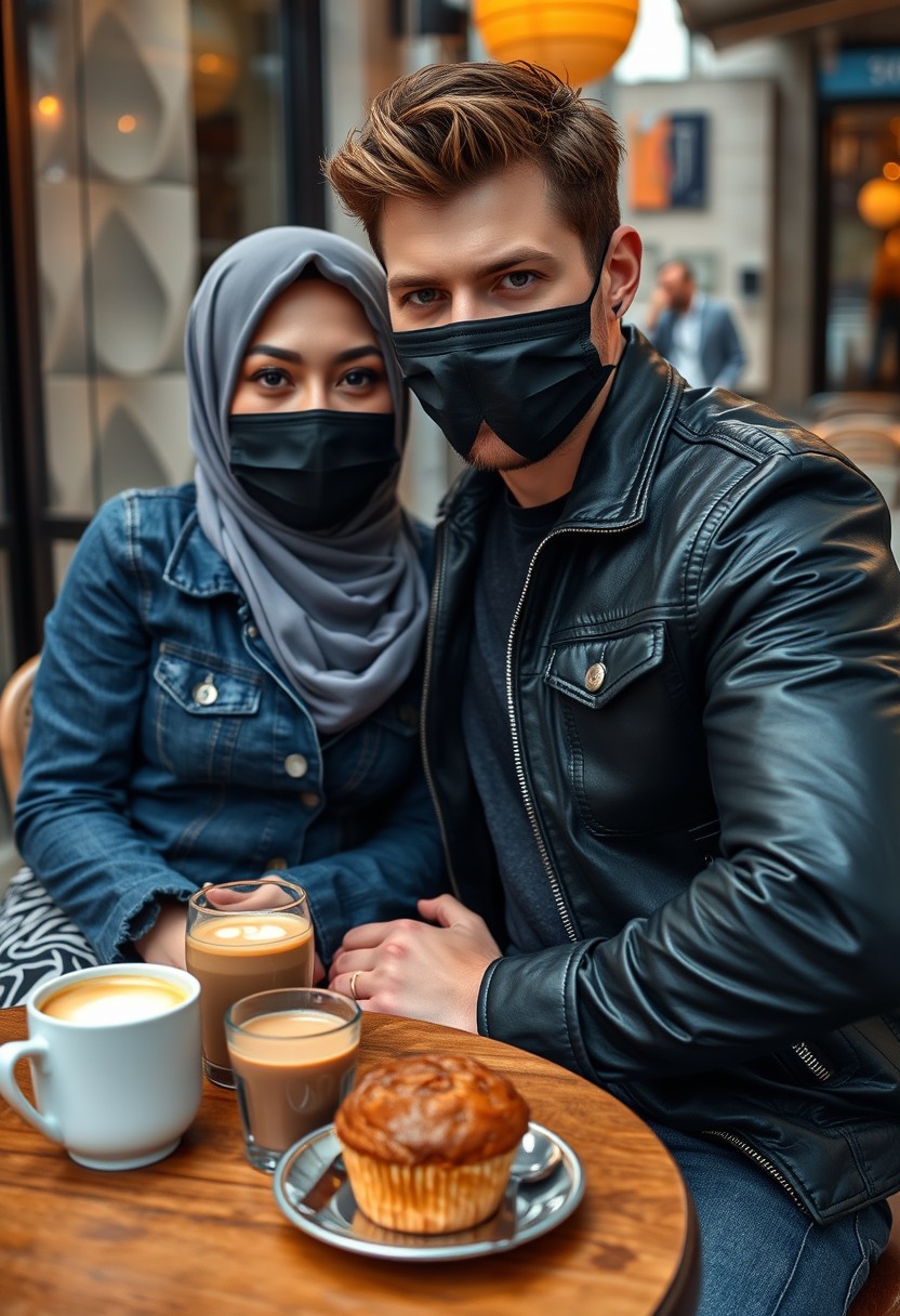 Jamie Dornan's head and body shot, handsome, face mask black, blue jeans jacket, jeans, dating love with grey hijab Muslim girl, beautiful eyes, face mask black, black leather jacket, biggest zebra pattern skirt, at cafe, 2 cups of latte, muffin cake on a table, photorealistic, hyper-realistic, street photography, selfie.