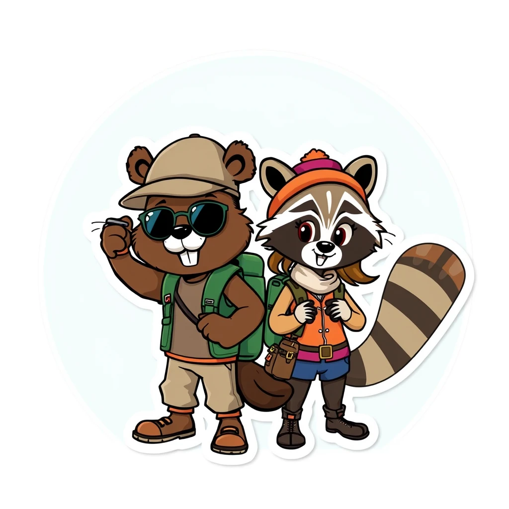 Cartoon guy beaver and girl raccoon travelers. Sticker style.