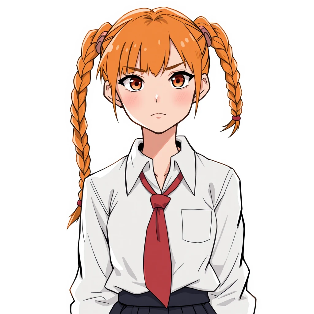 A teenage girl in a white shirt with a small red tie and a skirt. Appearance: orange hair, braided into two small pigtails, and orange eyes with a sly look. - Image