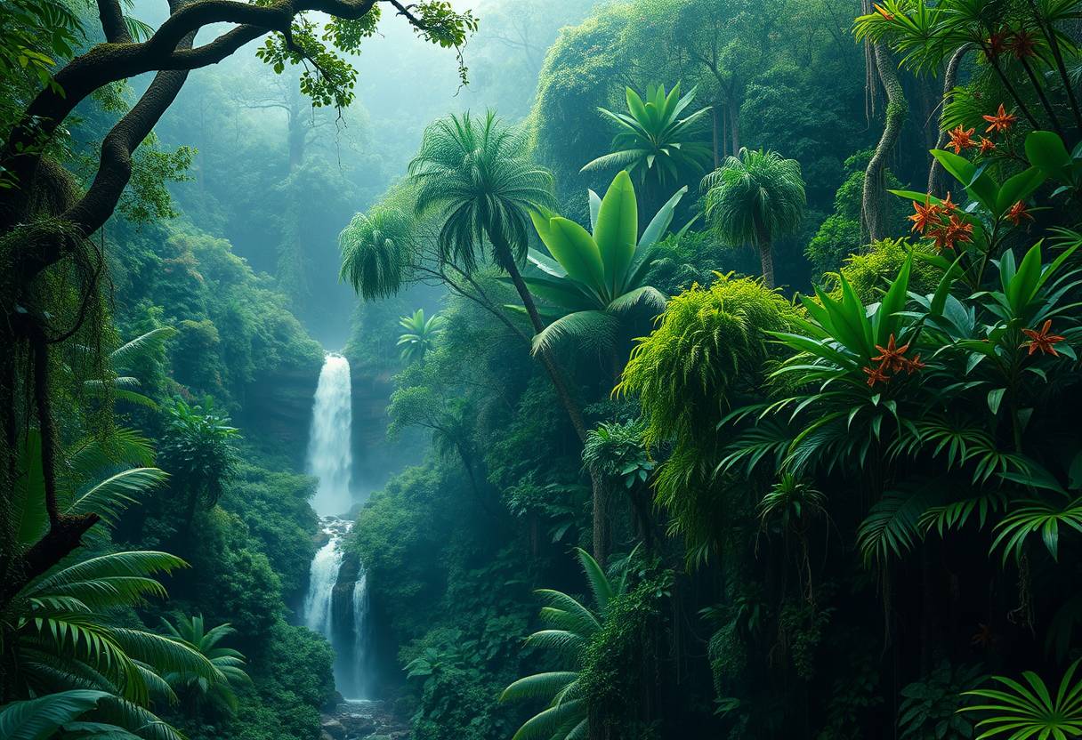 Lush, tropical rainforest, dense foliage, high quality, photorealistic, vibrant, breathtaking, waterfalls, misty, emerald green, ancient trees, hidden trails, tree frogs, vibrant orchids, hanging vines, moss-covered rocks, canopies, wildlife sanctuaries. - Image