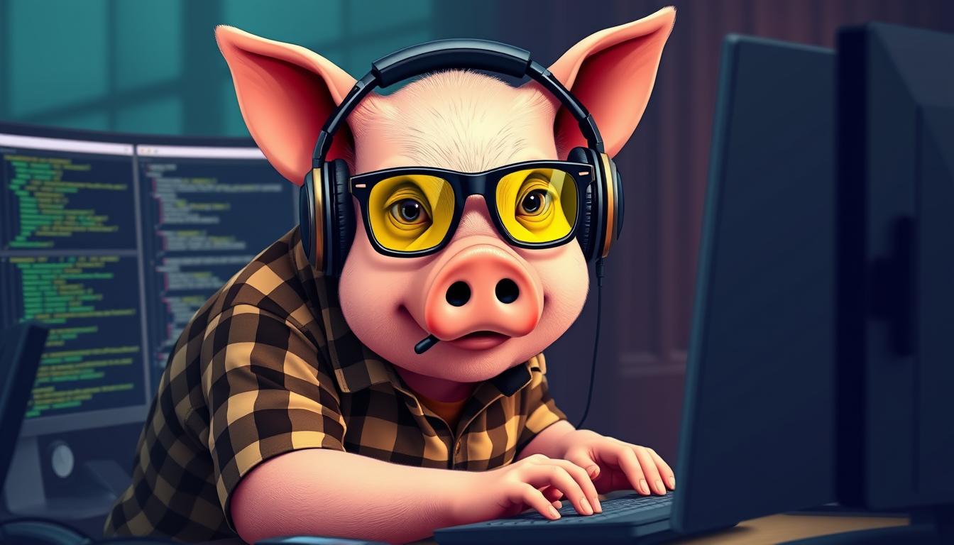 A tech-savvy pig coder, wearing yellow-tinted glasses and sleek noise-cancelling headphones, hunches over a cutting-edge multi-monitor setup. The anthropomorphic pig exudes focus, typing furiously, dressed in a plaid t-shirt.