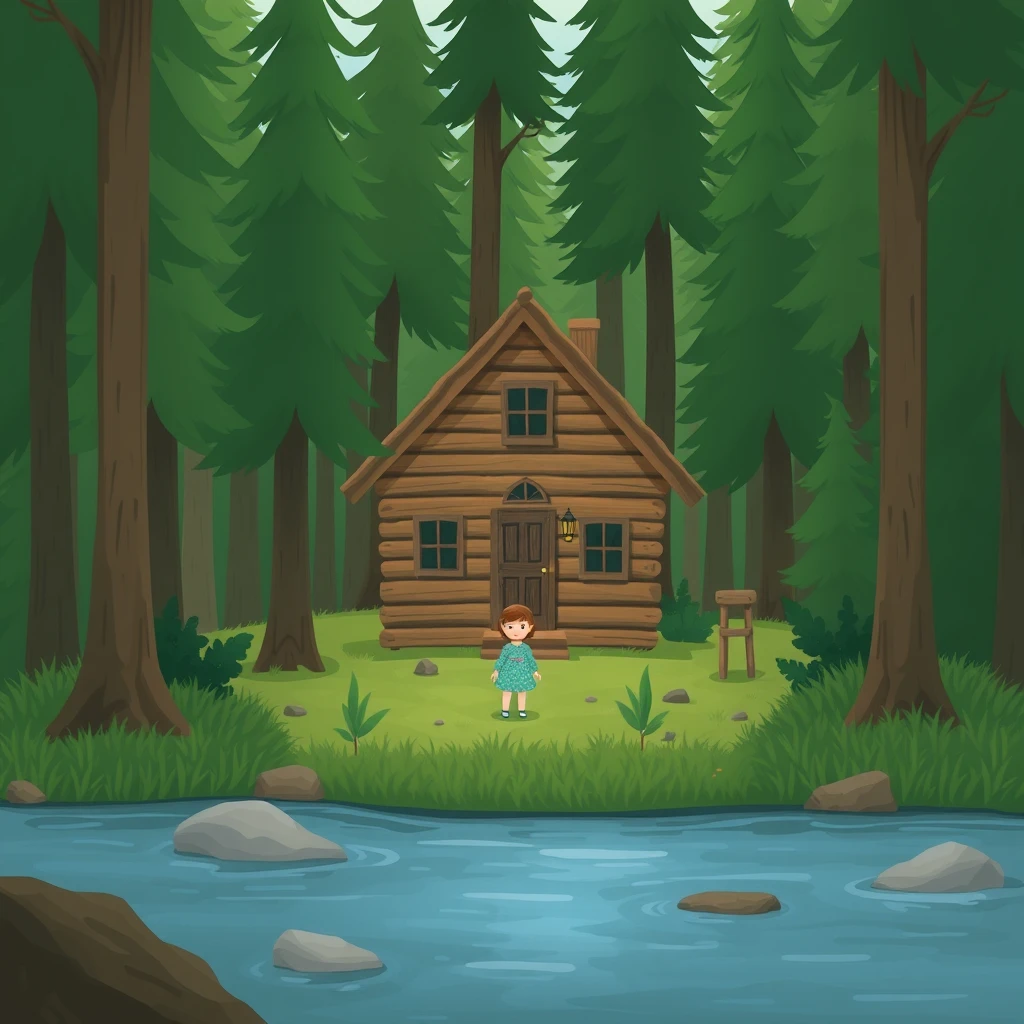 "A forest, a wooden cabin, a girl, and in front, a river."